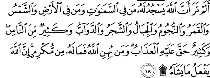 أَلَمْ تَرَ أَنَّ اللَّهَ يَسْجُدُ لَهُ مَن فِي السَّمَاوَاتِ وَمَن فِي الْأَرْضِ وَالشَّمْسُ وَالْقَمَرُ وَالنُّجُومُ وَالْجِبَالُ وَالشَّجَرُ وَالدَّوَابُّ وَكَثِيرٌ مِّنَ النَّاسِ ۖ وَكَثِيرٌ حَقَّ عَلَيْهِ الْعَذَابُ ۗ وَمَن يُهِنِ اللَّهُ فَمَا لَهُ مِن مُّكْرِمٍ ۚ إِنَّ اللَّهَ يَفْعَلُ مَا يَشَاءُ ۩