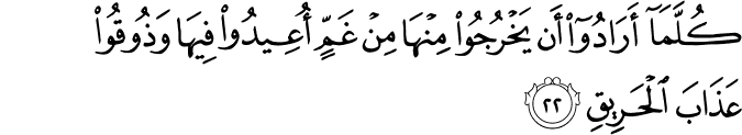 كُلَّمَا أَرَادُوا أَن يَخْرُجُوا مِنْهَا مِنْ غَمٍّ أُعِيدُوا فِيهَا وَذُوقُوا عَذَابَ الْحَرِيقِ