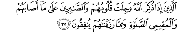 الَّذِينَ إِذَا ذُكِرَ اللَّهُ وَجِلَتْ قُلُوبُهُمْ وَالصَّابِرِينَ عَلَىٰ مَا أَصَابَهُمْ وَالْمُقِيمِي الصَّلَاةِ وَمِمَّا رَزَقْنَاهُمْ يُنفِقُونَ