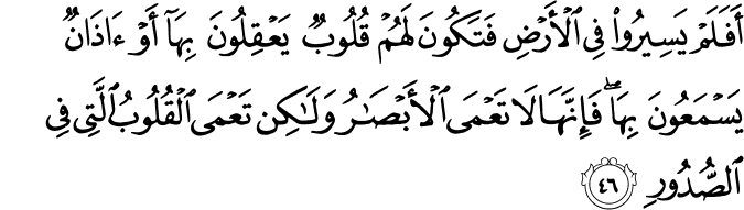 أَفَلَمْ يَسِيرُوا فِي الْأَرْضِ فَتَكُونَ لَهُمْ قُلُوبٌ يَعْقِلُونَ بِهَا أَوْ آذَانٌ يَسْمَعُونَ بِهَا ۖ فَإِنَّهَا لَا تَعْمَى الْأَبْصَارُ وَلَـٰكِن تَعْمَى الْقُلُوبُ الَّتِي فِي الصُّدُورِ