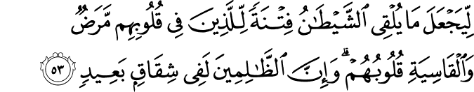 لِّيَجْعَلَ مَا يُلْقِي الشَّيْطَانُ فِتْنَةً لِّلَّذِينَ فِي قُلُوبِهِم مَّرَضٌ وَالْقَاسِيَةِ قُلُوبُهُمْ ۗ وَإِنَّ الظَّالِمِينَ لَفِي شِقَاقٍ بَعِيدٍ
