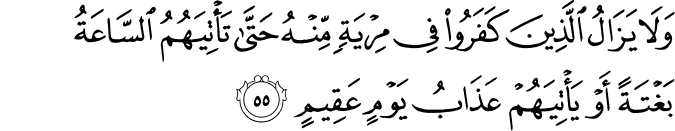 وَلَا يَزَالُ الَّذِينَ كَفَرُوا فِي مِرْيَةٍ مِّنْهُ حَتَّىٰ تَأْتِيَهُمُ السَّاعَةُ بَغْتَةً أَوْ يَأْتِيَهُمْ عَذَابُ يَوْمٍ عَقِيمٍ