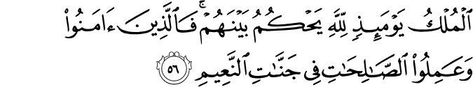الْمُلْكُ يَوْمَئِذٍ لِّلَّهِ يَحْكُمُ بَيْنَهُمْ ۚ فَالَّذِينَ آمَنُوا وَعَمِلُوا الصَّالِحَاتِ فِي جَنَّاتِ النَّعِيمِ