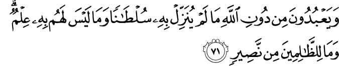 وَيَعْبُدُونَ مِن دُونِ اللَّهِ مَا لَمْ يُنَزِّلْ بِهِ سُلْطَانًا وَمَا لَيْسَ لَهُم بِهِ عِلْمٌ ۗ وَمَا لِلظَّالِمِينَ مِن نَّصِيرٍ