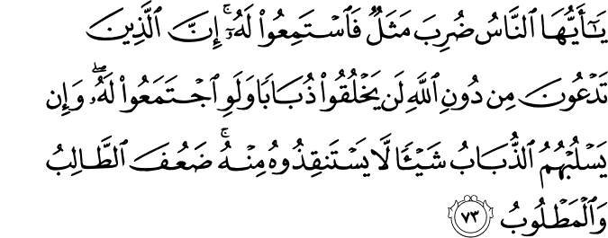 يَا أَيُّهَا النَّاسُ ضُرِبَ مَثَلٌ فَاسْتَمِعُوا لَهُ ۚ إِنَّ الَّذِينَ تَدْعُونَ مِن دُونِ اللَّهِ لَن يَخْلُقُوا ذُبَابًا وَلَوِ اجْتَمَعُوا لَهُ ۖ وَإِن يَسْلُبْهُمُ الذُّبَابُ شَيْئًا لَّا يَسْتَنقِذُوهُ مِنْهُ ۚ ضَعُفَ الطَّالِبُ وَالْمَطْلُوبُ