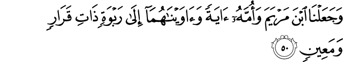 وَجَعَلْنَا ابْنَ مَرْيَمَ وَأُمَّهُ آيَةً وَآوَيْنَاهُمَا إِلَىٰ رَبْوَةٍ ذَاتِ قَرَارٍ وَمَعِينٍ