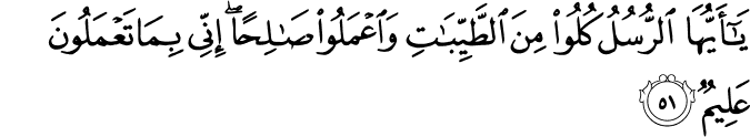 يَا أَيُّهَا الرُّسُلُ كُلُوا مِنَ الطَّيِّبَاتِ وَاعْمَلُوا صَالِحًا ۖ إِنِّي بِمَا تَعْمَلُونَ عَلِيمٌ