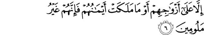 إِلَّا عَلَىٰ أَزْوَاجِهِمْ أَوْ مَا مَلَكَتْ أَيْمَانُهُمْ فَإِنَّهُمْ غَيْرُ مَلُومِينَ