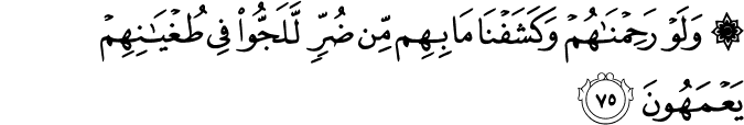 وَلَوْ رَحِمْنَاهُمْ وَكَشَفْنَا مَا بِهِم مِّن ضُرٍّ لَّلَجُّوا فِي طُغْيَانِهِمْ يَعْمَهُونَ