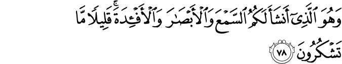 وَهُوَ الَّذِي أَنشَأَ لَكُمُ السَّمْعَ وَالْأَبْصَارَ وَالْأَفْئِدَةَ ۚ قَلِيلًا مَّا تَشْكُرُونَ