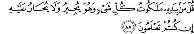 قُلْ مَن بِيَدِهِ مَلَكُوتُ كُلِّ شَيْءٍ وَهُوَ يُجِيرُ وَلَا يُجَارُ عَلَيْهِ إِن كُنتُمْ تَعْلَمُونَ