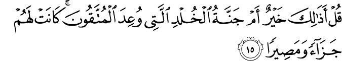 قُلْ أَذَٰلِكَ خَيْرٌ أَمْ جَنَّةُ الْخُلْدِ الَّتِي وُعِدَ الْمُتَّقُونَ ۚ كَانَتْ لَهُمْ جَزَاءً وَمَصِيرًا