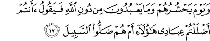 وَيَوْمَ يَحْشُرُهُمْ وَمَا يَعْبُدُونَ مِن دُونِ اللَّهِ فَيَقُولُ أَأَنتُمْ أَضْلَلْتُمْ عِبَادِي هَـٰؤُلَاءِ أَمْ هُمْ ضَلُّوا السَّبِيلَ
