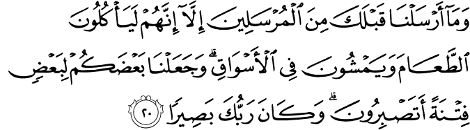 وَمَا أَرْسَلْنَا قَبْلَكَ مِنَ الْمُرْسَلِينَ إِلَّا إِنَّهُمْ لَيَأْكُلُونَ الطَّعَامَ وَيَمْشُونَ فِي الْأَسْوَاقِ ۗ وَجَعَلْنَا بَعْضَكُمْ لِبَعْضٍ فِتْنَةً أَتَصْبِرُونَ ۗ وَكَانَ رَبُّكَ بَصِيرًا