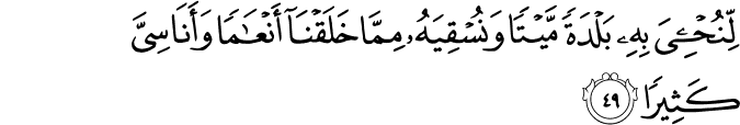 لِّنُحْيِيَ بِهِ بَلْدَةً مَّيْتًا وَنُسْقِيَهُ مِمَّا خَلَقْنَا أَنْعَامًا وَأَنَاسِيَّ كَثِيرًا