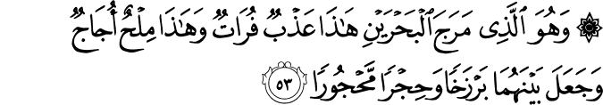 وَهُوَ الَّذِي مَرَجَ الْبَحْرَيْنِ هَـٰذَا عَذْبٌ فُرَاتٌ وَهَـٰذَا مِلْحٌ أُجَاجٌ وَجَعَلَ بَيْنَهُمَا بَرْزَخًا وَحِجْرًا مَّحْجُورًا