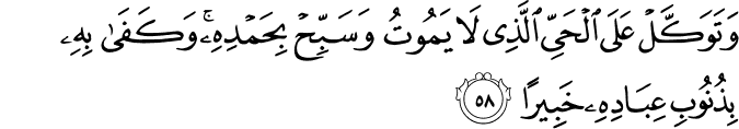 وَتَوَكَّلْ عَلَى الْحَيِّ الَّذِي لَا يَمُوتُ وَسَبِّحْ بِحَمْدِهِ ۚ وَكَفَىٰ بِهِ بِذُنُوبِ عِبَادِهِ خَبِيرًا