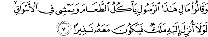وَقَالُوا مَالِ هَـٰذَا الرَّسُولِ يَأْكُلُ الطَّعَامَ وَيَمْشِي فِي الْأَسْوَاقِ ۙ لَوْلَا أُنزِلَ إِلَيْهِ مَلَكٌ فَيَكُونَ مَعَهُ نَذِيرًا