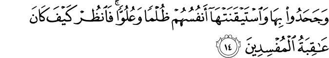 وَجَحَدُوا بِهَا وَاسْتَيْقَنَتْهَا أَنفُسُهُمْ ظُلْمًا وَعُلُوًّا ۚ فَانظُرْ كَيْفَ كَانَ عَاقِبَةُ الْمُفْسِدِينَ