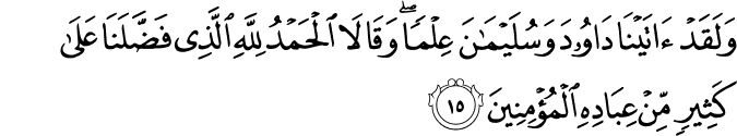 وَلَقَدْ آتَيْنَا دَاوُودَ وَسُلَيْمَانَ عِلْمًا ۖ وَقَالَا الْحَمْدُ لِلَّهِ الَّذِي فَضَّلَنَا عَلَىٰ كَثِيرٍ مِّنْ عِبَادِهِ الْمُؤْمِنِينَ