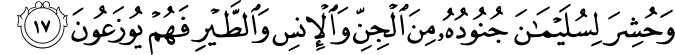 وَحُشِرَ لِسُلَيْمَانَ جُنُودُهُ مِنَ الْجِنِّ وَالْإِنسِ وَالطَّيْرِ فَهُمْ يُوزَعُونَ