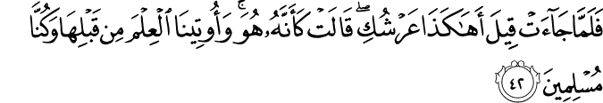 فَلَمَّا جَاءَتْ قِيلَ أَهَـٰكَذَا عَرْشُكِ ۖ قَالَتْ كَأَنَّهُ هُوَ ۚ وَأُوتِينَا الْعِلْمَ مِن قَبْلِهَا وَكُنَّا مُسْلِمِينَ