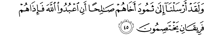 وَلَقَدْ أَرْسَلْنَا إِلَىٰ ثَمُودَ أَخَاهُمْ صَالِحًا أَنِ اعْبُدُوا اللَّهَ فَإِذَا هُمْ فَرِيقَانِ يَخْتَصِمُونَ