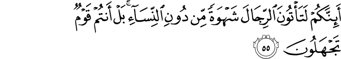 أَئِنَّكُمْ لَتَأْتُونَ الرِّجَالَ شَهْوَةً مِّن دُونِ النِّسَاءِ ۚ بَلْ أَنتُمْ قَوْمٌ تَجْهَلُونَ