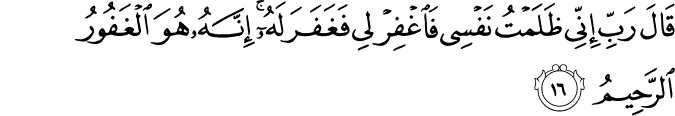 قَالَ رَبِّ إِنِّي ظَلَمْتُ نَفْسِي فَاغْفِرْ لِي فَغَفَرَ لَهُ ۚ إِنَّهُ هُوَ الْغَفُورُ الرَّحِيمُ