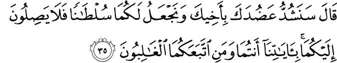 قَالَ سَنَشُدُّ عَضُدَكَ بِأَخِيكَ وَنَجْعَلُ لَكُمَا سُلْطَانًا فَلَا يَصِلُونَ إِلَيْكُمَا ۚ بِآيَاتِنَا أَنتُمَا وَمَنِ اتَّبَعَكُمَا الْغَالِبُونَ