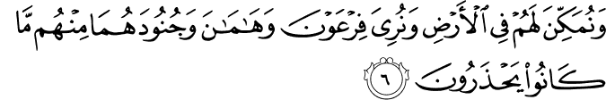وَنُمَكِّنَ لَهُمْ فِي الْأَرْضِ وَنُرِيَ فِرْعَوْنَ وَهَامَانَ وَجُنُودَهُمَا مِنْهُم مَّا كَانُوا يَحْذَرُونَ