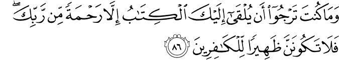 وَمَا كُنتَ تَرْجُو أَن يُلْقَىٰ إِلَيْكَ الْكِتَابُ إِلَّا رَحْمَةً مِّن رَّبِّكَ ۖ فَلَا تَكُونَنَّ ظَهِيرًا لِّلْكَافِرِينَ