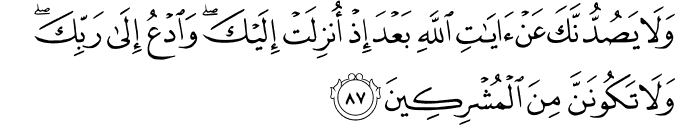 وَلَا يَصُدُّنَّكَ عَنْ آيَاتِ اللَّهِ بَعْدَ إِذْ أُنزِلَتْ إِلَيْكَ ۖ وَادْعُ إِلَىٰ رَبِّكَ ۖ وَلَا تَكُونَنَّ مِنَ الْمُشْرِكِينَ