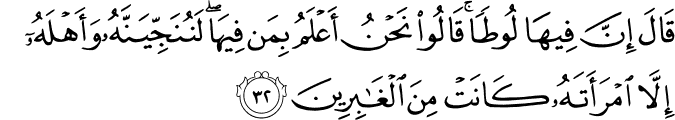 قَالَ إِنَّ فِيهَا لُوطًا ۚ قَالُوا نَحْنُ أَعْلَمُ بِمَن فِيهَا ۖ لَنُنَجِّيَنَّهُ وَأَهْلَهُ إِلَّا امْرَأَتَهُ كَانَتْ مِنَ الْغَابِرِينَ