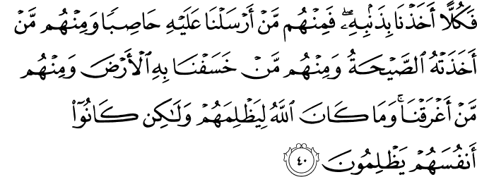 فَكُلًّا أَخَذْنَا بِذَنبِهِ ۖ فَمِنْهُم مَّنْ أَرْسَلْنَا عَلَيْهِ حَاصِبًا وَمِنْهُم مَّنْ أَخَذَتْهُ الصَّيْحَةُ وَمِنْهُم مَّنْ خَسَفْنَا بِهِ الْأَرْضَ وَمِنْهُم مَّنْ أَغْرَقْنَا ۚ وَمَا كَانَ اللَّهُ لِيَظْلِمَهُمْ وَلَـٰكِن كَانُوا أَنفُسَهُمْ يَظْلِمُونَ