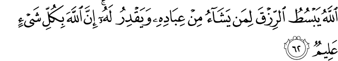 اللَّهُ يَبْسُطُ الرِّزْقَ لِمَن يَشَاءُ مِنْ عِبَادِهِ وَيَقْدِرُ لَهُ ۚ إِنَّ اللَّهَ بِكُلِّ شَيْءٍ عَلِيمٌ