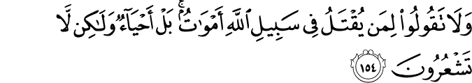 وَلَا تَقُولُوا لِمَن يُقْتَلُ فِي سَبِيلِ اللَّهِ أَمْوَاتٌ ۚ بَلْ أَحْيَاءٌ وَلَـٰكِن لَّا تَشْعُرُونَ وَلَا تَقُولُوا لِمَن يُقْتَلُ فِي سَبِيلِ اللَّهِ أَمْوَاتٌ ۚ بَلْ أَحْيَاءٌ وَلَـٰكِن لَّا تَشْعُرُونَ