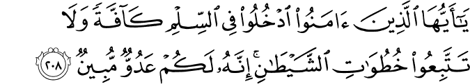 يَا أَيُّهَا الَّذِينَ آمَنُوا ادْخُلُوا فِي السِّلْمِ كَافَّةً وَلَا تَتَّبِعُوا خُطُوَاتِ الشَّيْطَانِ ۚ إِنَّهُ لَكُمْ عَدُوٌّ مُّبِينٌ يَا أَيُّهَا الَّذِينَ آمَنُوا ادْخُلُوا فِي السِّلْمِ كَافَّةً وَلَا تَتَّبِعُوا خُطُوَاتِ الشَّيْطَانِ ۚ إِنَّهُ لَكُمْ عَدُوٌّ مُّبِينٌ
