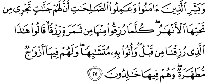 وَبَشِّرِ الَّذِينَ آمَنُوا وَعَمِلُوا الصَّالِحَاتِ أَنَّ لَهُمْ جَنَّاتٍ تَجْرِي مِن تَحْتِهَا الْأَنْهَارُ ۖ كُلَّمَا رُزِقُوا مِنْهَا مِن ثَمَرَةٍ رِّزْقًا ۙ قَالُوا هَـٰذَا الَّذِي رُزِقْنَا مِن قَبْلُ ۖ وَأُتُوا بِهِ مُتَشَابِهًا ۖ وَلَهُمْ فِيهَا أَزْوَاجٌ مُّطَهَّرَةٌ ۖ وَهُمْ فِيهَا خَالِدُونَ وَبَشِّرِ الَّذِينَ آمَنُوا وَعَمِلُوا الصَّالِحَاتِ أَنَّ لَهُمْ جَنَّاتٍ تَجْرِي مِن تَحْتِهَا الْأَنْهَارُ ۖ كُلَّمَا رُزِقُوا مِنْهَا مِن ثَمَرَةٍ رِّزْقًا ۙ قَالُوا هَـٰذَا الَّذِي رُزِقْنَا مِن قَبْلُ ۖ وَأُتُوا بِهِ مُتَشَابِهًا ۖ وَلَهُمْ فِيهَا أَزْوَاجٌ مُّطَهَّرَةٌ ۖ وَهُمْ فِيهَا خَالِدُونَ