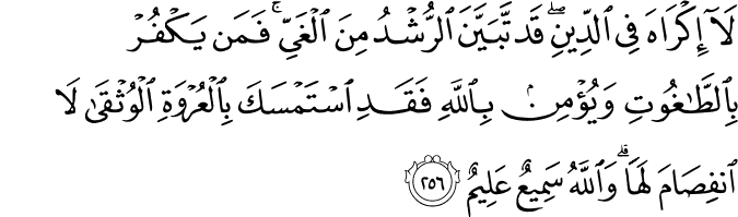 لَا إِكْرَاهَ فِي الدِّينِ ۖ قَد تَّبَيَّنَ الرُّشْدُ مِنَ الْغَيِّ ۚ فَمَن يَكْفُرْ بِالطَّاغُوتِ وَيُؤْمِن بِاللَّهِ فَقَدِ اسْتَمْسَكَ بِالْعُرْوَةِ الْوُثْقَىٰ لَا انفِصَامَ لَهَا ۗ وَاللَّهُ سَمِيعٌ عَلِيمٌ لَا إِكْرَاهَ فِي الدِّينِ ۖ قَد تَّبَيَّنَ الرُّشْدُ مِنَ الْغَيِّ ۚ فَمَن يَكْفُرْ بِالطَّاغُوتِ وَيُؤْمِن بِاللَّهِ فَقَدِ اسْتَمْسَكَ بِالْعُرْوَةِ الْوُثْقَىٰ لَا انفِصَامَ لَهَا ۗ وَاللَّهُ سَمِيعٌ عَلِيمٌ