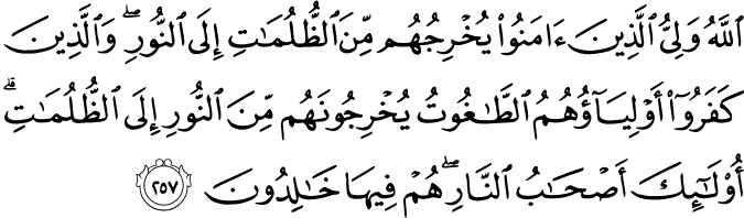 اللَّهُ وَلِيُّ الَّذِينَ آمَنُوا يُخْرِجُهُم مِّنَ الظُّلُمَاتِ إِلَى النُّورِ ۖ وَالَّذِينَ كَفَرُوا أَوْلِيَاؤُهُمُ الطَّاغُوتُ يُخْرِجُونَهُم مِّنَ النُّورِ إِلَى الظُّلُمَاتِ ۗ أُولَـٰئِكَ أَصْحَابُ النَّارِ ۖ هُمْ فِيهَا خَالِدُونَ اللَّهُ وَلِيُّ الَّذِينَ آمَنُوا يُخْرِجُهُم مِّنَ الظُّلُمَاتِ إِلَى النُّورِ ۖ وَالَّذِينَ كَفَرُوا أَوْلِيَاؤُهُمُ الطَّاغُوتُ يُخْرِجُونَهُم مِّنَ النُّورِ إِلَى الظُّلُمَاتِ ۗ أُولَـٰئِكَ أَصْحَابُ النَّارِ ۖ هُمْ فِيهَا خَالِدُونَ