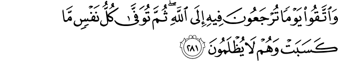 وَاتَّقُوا يَوْمًا تُرْجَعُونَ فِيهِ إِلَى اللَّهِ ۖ ثُمَّ تُوَفَّىٰ كُلُّ نَفْسٍ مَّا كَسَبَتْ وَهُمْ لَا يُظْلَمُونَ وَاتَّقُوا يَوْمًا تُرْجَعُونَ فِيهِ إِلَى اللَّهِ ۖ ثُمَّ تُوَفَّىٰ كُلُّ نَفْسٍ مَّا كَسَبَتْ وَهُمْ لَا يُظْلَمُونَ