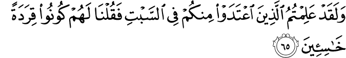 وَلَقَدْ عَلِمْتُمُ الَّذِينَ اعْتَدَوْا مِنكُمْ فِي السَّبْتِ فَقُلْنَا لَهُمْ كُونُوا قِرَدَةً خَاسِئِينَ وَلَقَدْ عَلِمْتُمُ الَّذِينَ اعْتَدَوْا مِنكُمْ فِي السَّبْتِ فَقُلْنَا لَهُمْ كُونُوا قِرَدَةً خَاسِئِينَ