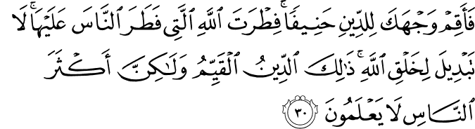 فَأَقِمْ وَجْهَكَ لِلدِّينِ حَنِيفًا ۚ فِطْرَتَ اللَّهِ الَّتِي فَطَرَ النَّاسَ عَلَيْهَا ۚ لَا تَبْدِيلَ لِخَلْقِ اللَّهِ ۚ ذَٰلِكَ الدِّينُ الْقَيِّمُ وَلَـٰكِنَّ أَكْثَرَ النَّاسِ لَا يَعْلَمُونَ