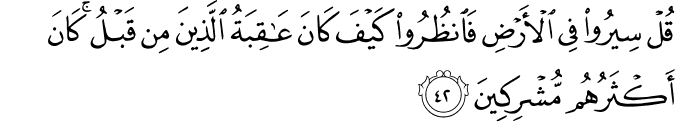 قُلْ سِيرُوا فِي الْأَرْضِ فَانظُرُوا كَيْفَ كَانَ عَاقِبَةُ الَّذِينَ مِن قَبْلُ ۚ كَانَ أَكْثَرُهُم مُّشْرِكِينَ