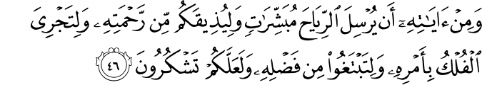 وَمِنْ آيَاتِهِ أَن يُرْسِلَ الرِّيَاحَ مُبَشِّرَاتٍ وَلِيُذِيقَكُم مِّن رَّحْمَتِهِ وَلِتَجْرِيَ الْفُلْكُ بِأَمْرِهِ وَلِتَبْتَغُوا مِن فَضْلِهِ وَلَعَلَّكُمْ تَشْكُرُونَ