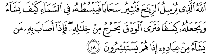 اللَّهُ الَّذِي يُرْسِلُ الرِّيَاحَ فَتُثِيرُ سَحَابًا فَيَبْسُطُهُ فِي السَّمَاءِ كَيْفَ يَشَاءُ وَيَجْعَلُهُ كِسَفًا فَتَرَى الْوَدْقَ يَخْرُجُ مِنْ خِلَالِهِ ۖ فَإِذَا أَصَابَ بِهِ مَن يَشَاءُ مِنْ عِبَادِهِ إِذَا هُمْ يَسْتَبْشِرُونَ