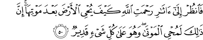 فَانظُرْ إِلَىٰ آثَارِ رَحْمَتِ اللَّهِ كَيْفَ يُحْيِي الْأَرْضَ بَعْدَ مَوْتِهَا ۚ إِنَّ ذَٰلِكَ لَمُحْيِي الْمَوْتَىٰ ۖ وَهُوَ عَلَىٰ كُلِّ شَيْءٍ قَدِيرٌ