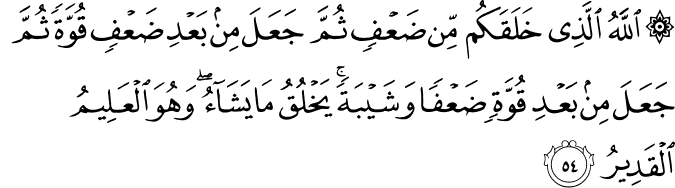 اللَّهُ الَّذِي خَلَقَكُم مِّن ضَعْفٍ ثُمَّ جَعَلَ مِن بَعْدِ ضَعْفٍ قُوَّةً ثُمَّ جَعَلَ مِن بَعْدِ قُوَّةٍ ضَعْفًا وَشَيْبَةً ۚ يَخْلُقُ مَا يَشَاءُ ۖ وَهُوَ الْعَلِيمُ الْقَدِيرُ