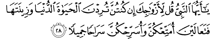 يَا أَيُّهَا النَّبِيُّ قُل لِّأَزْوَاجِكَ إِن كُنتُنَّ تُرِدْنَ الْحَيَاةَ الدُّنْيَا وَزِينَتَهَا فَتَعَالَيْنَ أُمَتِّعْكُنَّ وَأُسَرِّحْكُنَّ سَرَاحًا جَمِيلًا